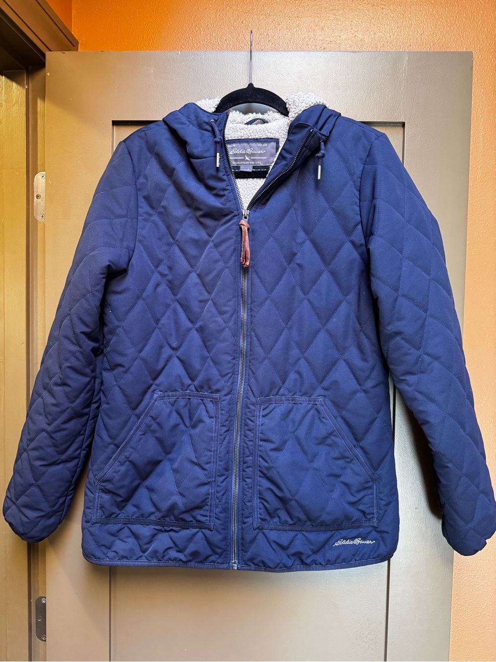 Eddie Bauer Quilted Navy Hooded Sherpa lined Jacket Large
